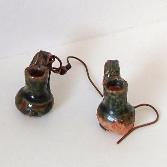 Terracotta Mexico Pottery OoaK Earrings Mini Glazed Handmade Copper Wires Rings - Picture 5 of 14